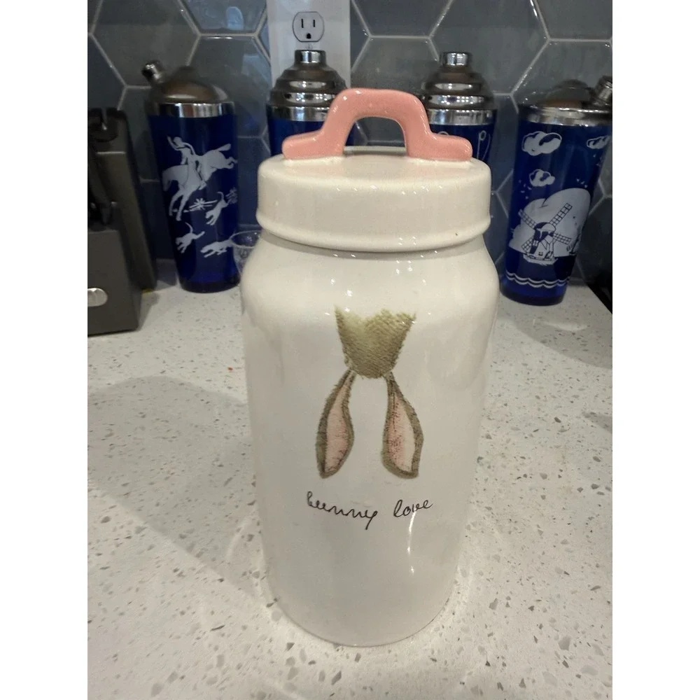 Rae Dunn Artisan Collection Bunny Love Bunny Ears Canister Pink Lid Easter Decor